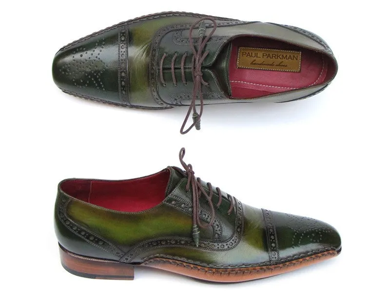 Paul Parkman Men's Side Handsewn Captoe Oxfords- Green/ Yellow Leather Upper and Leather Sole