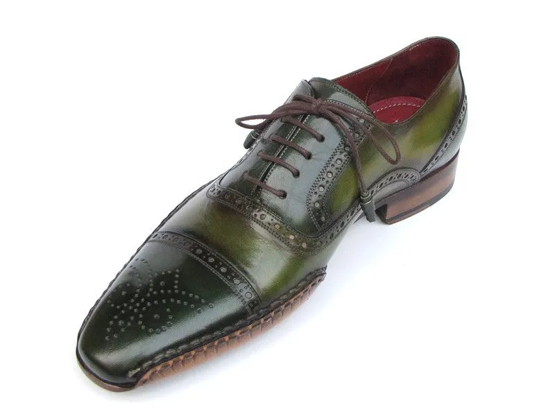 Paul Parkman Men's Side Handsewn Captoe Oxfords- Green/ Yellow Leather Upper and Leather Sole