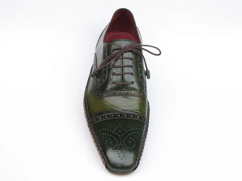 Paul Parkman Men's Side Handsewn Captoe Oxfords- Green/ Yellow Leather Upper and Leather Sole