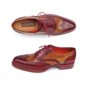 Paul Parkman Men's Triple Leather Sole Wingtip Brogues Bordeaux & Camel (ID#027-TRP-CMLBRD)