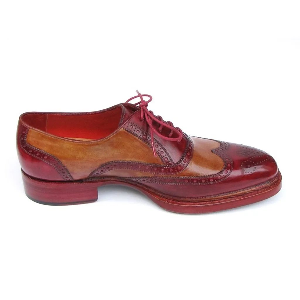 Paul Parkman Men's Triple Leather Sole Wingtip Brogues Bordeaux & Camel (ID#027-TRP-CMLBRD)