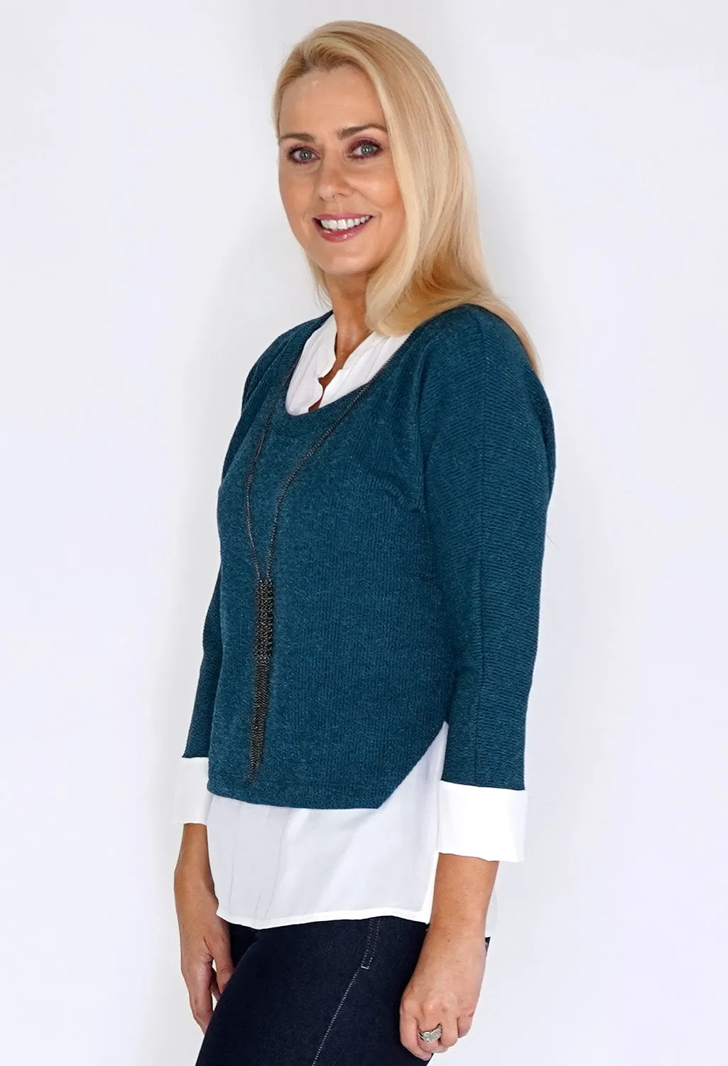 Petrol Knit Pullover with Shirt Details and Necklace