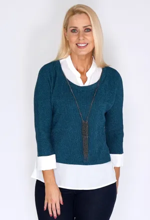 Petrol Knit Pullover with Shirt Details and Necklace