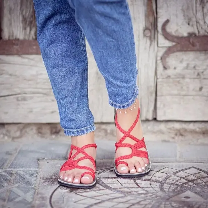 Plaka Red Palm Leaf Flat Sandals