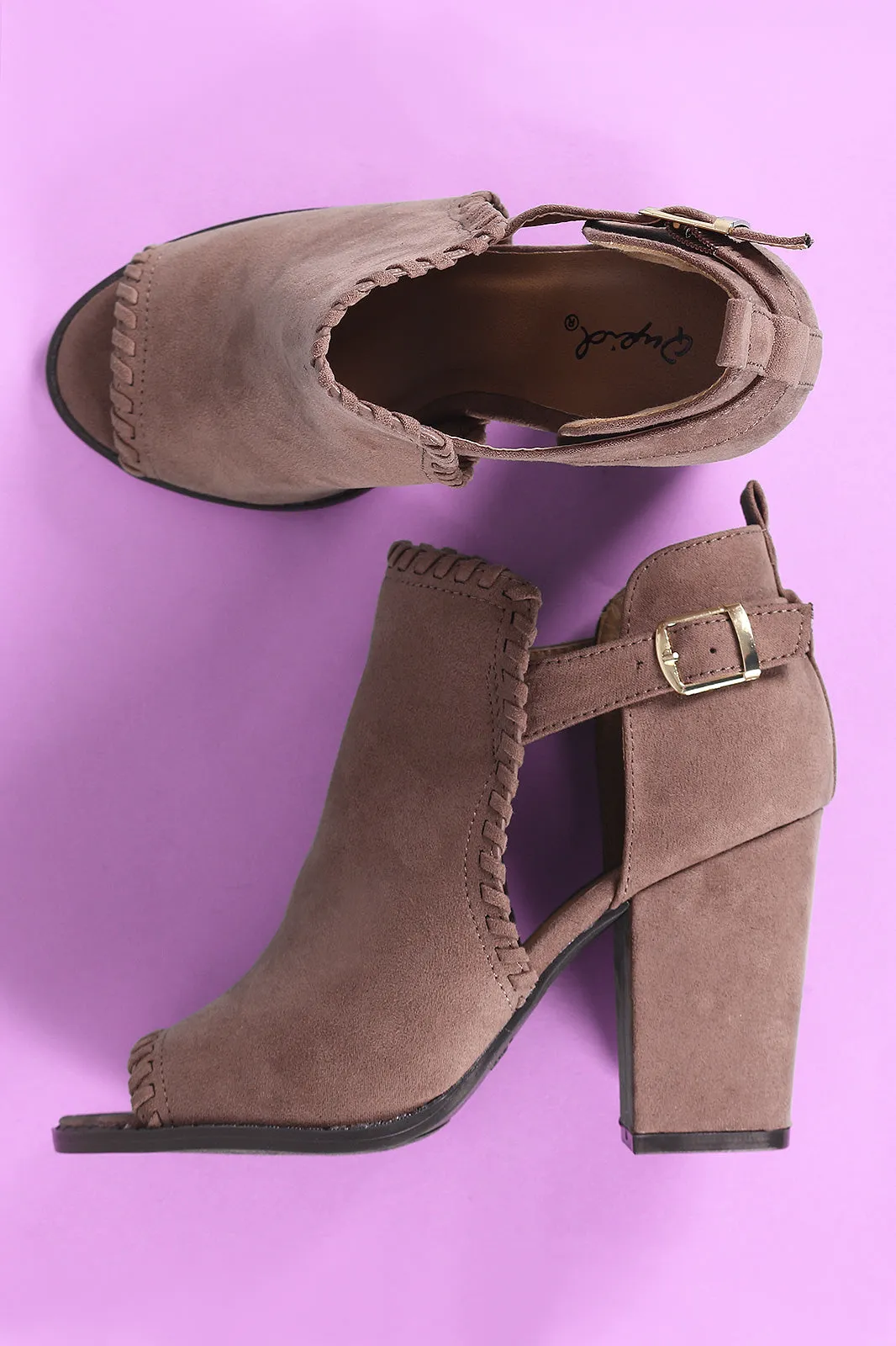 Qupid Suede Whipstitched Cutout Chunky Heeled Booties