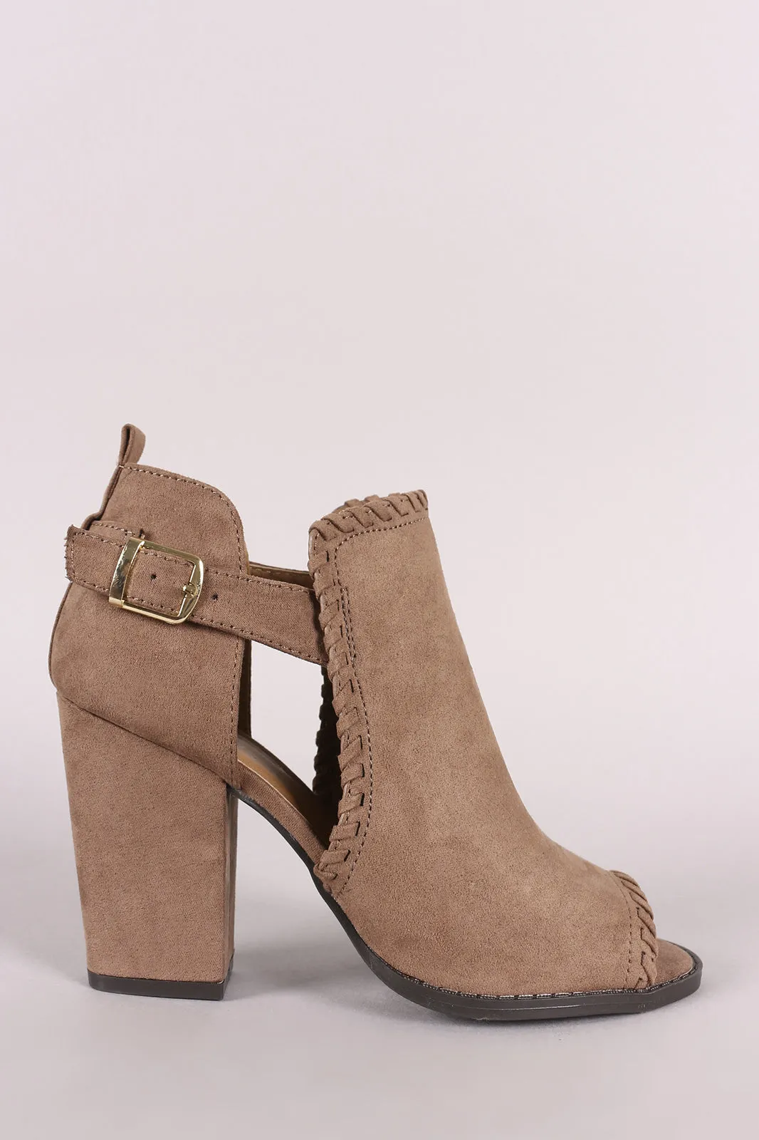 Qupid Suede Whipstitched Cutout Chunky Heeled Booties