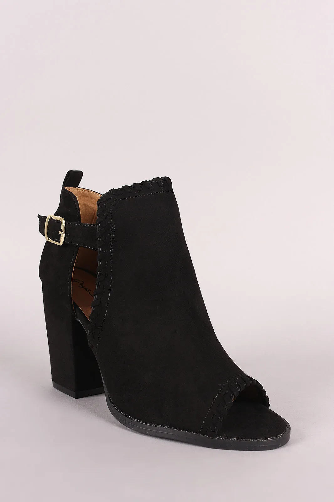 Qupid Suede Whipstitched Cutout Chunky Heeled Booties