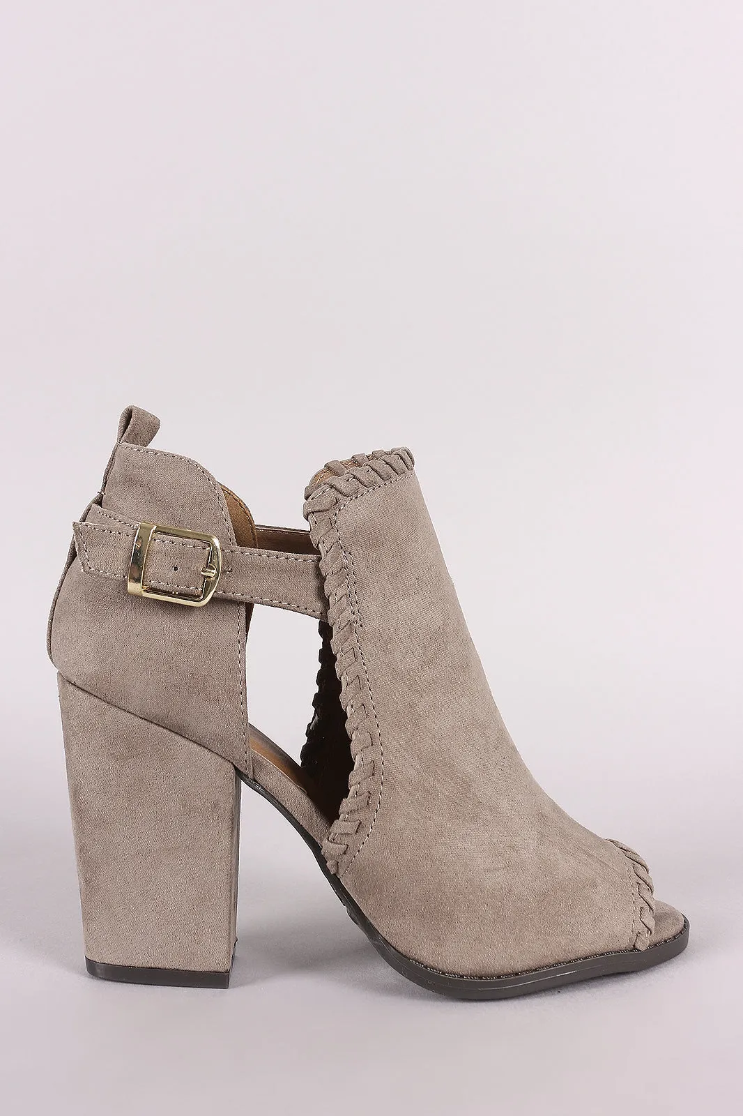 Qupid Suede Whipstitched Cutout Chunky Heeled Booties