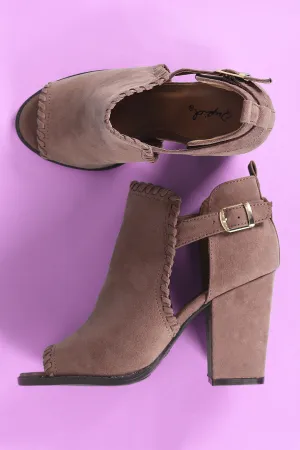 Qupid Suede Whipstitched Cutout Chunky Heeled Booties