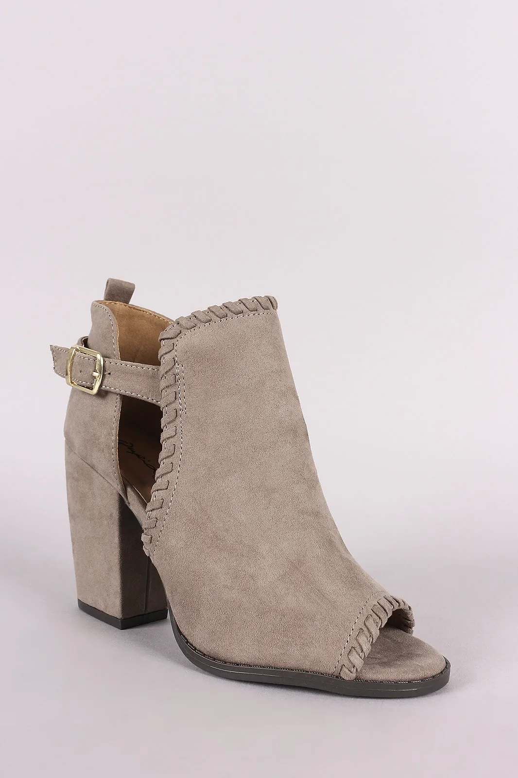 Qupid Suede Whipstitched Cutout Chunky Heeled Booties