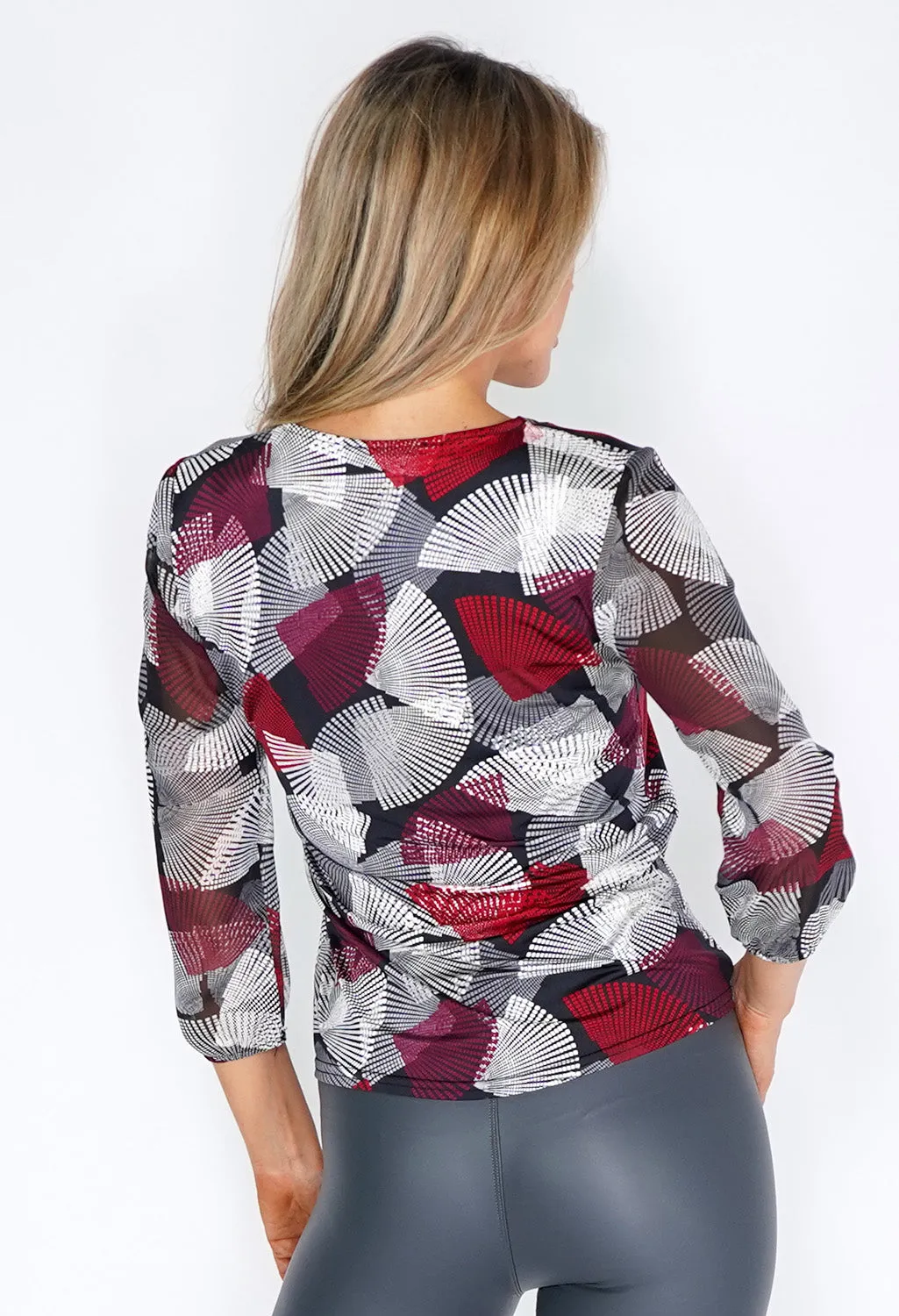 Red and Grey Fan Print Top