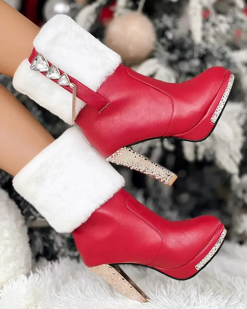 Rhinestone Tassel Fuzzy Detail Lined Boots