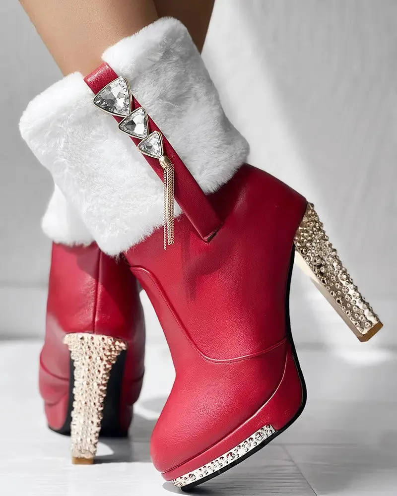 Rhinestone Tassel Fuzzy Detail Lined Boots