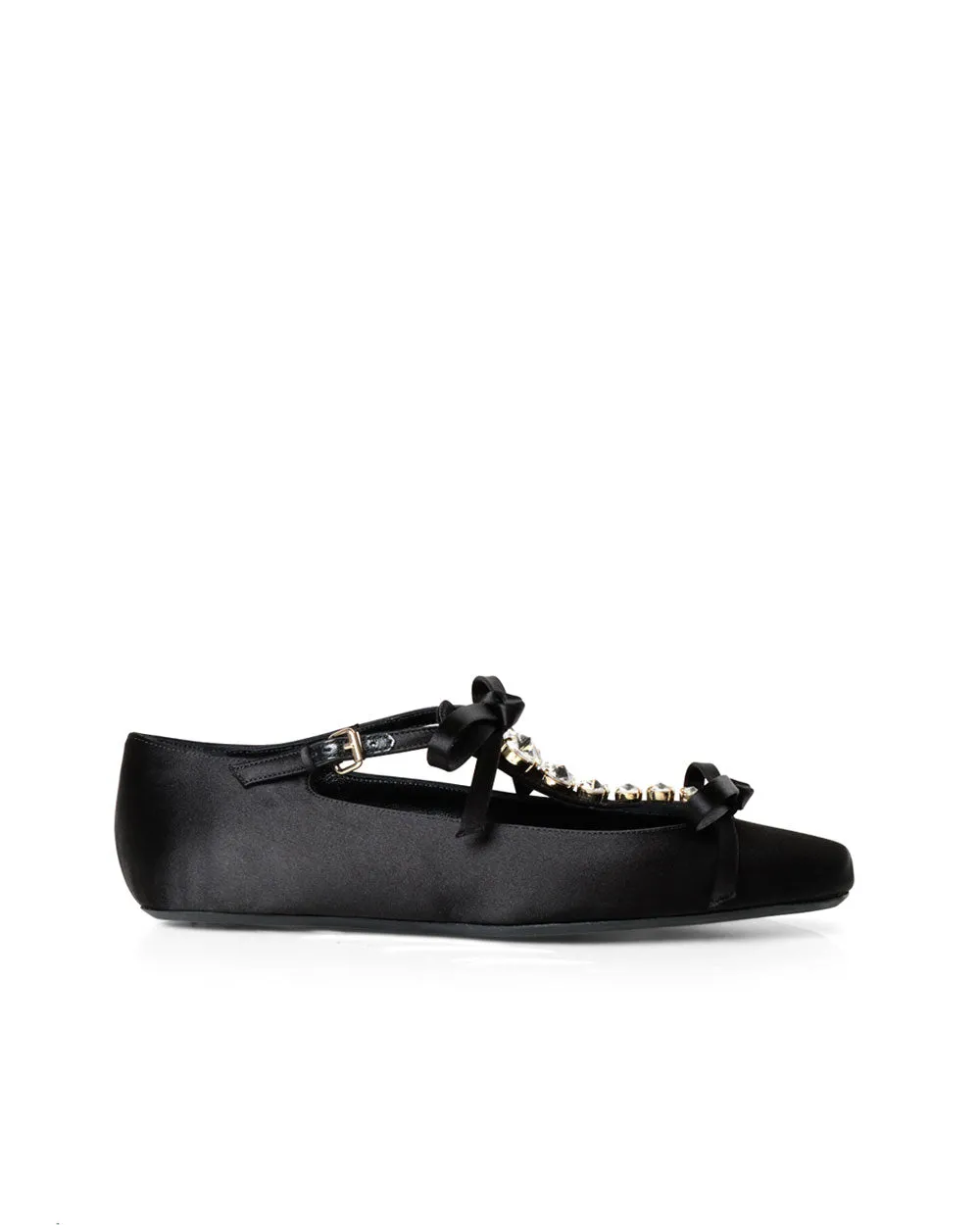 Satin Couture Ballet Flat in Black and Crystal