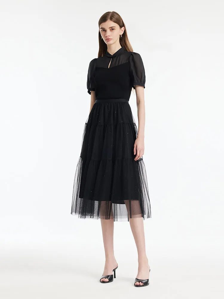 Sequins Tulle Tiered Women Half Skirt