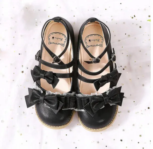 Sohiwoo Japanese princess tea party sweet lolita shoes round head cute bowknot kawaii shoes vintage lace one-word buckle cosplay shoes