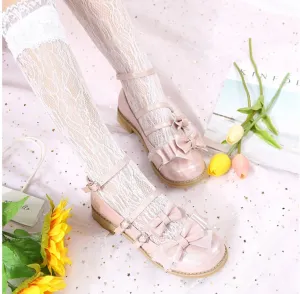 Sohiwoo Japanese princess tea party sweet lolita shoes round head cute bowknot kawaii shoes vintage lace one-word buckle cosplay shoes