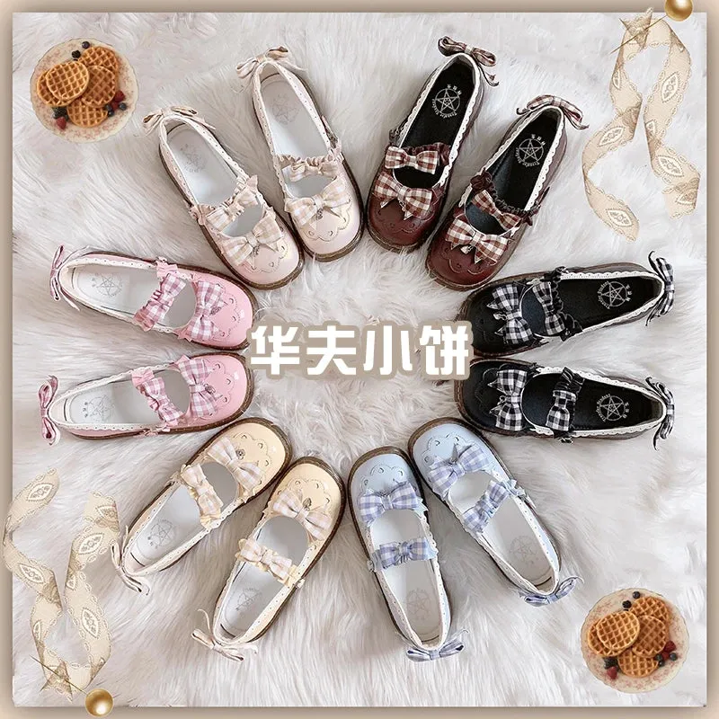 Sohiwoo Lolita Japanese cute women's shoes flat round toe lace  bowknot shallow mouth kawaii shoes cosplay loli daily single shoes