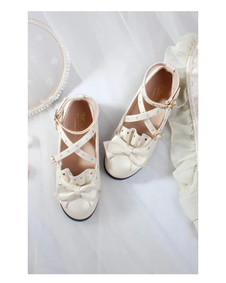 Sohiwoo lolita shoes vintage round head women shoes cute bowknot cross kawaii shoes loli cosplay Japanese jk uniform college style swee