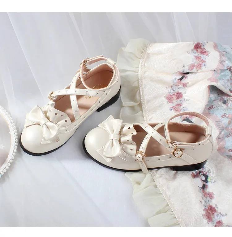 Sohiwoo lolita shoes vintage round head women shoes cute bowknot cross kawaii shoes loli cosplay Japanese jk uniform college style swee