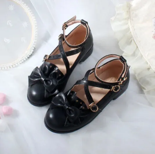 Sohiwoo lolita shoes vintage round head women shoes cute bowknot cross kawaii shoes loli cosplay Japanese jk uniform college style swee