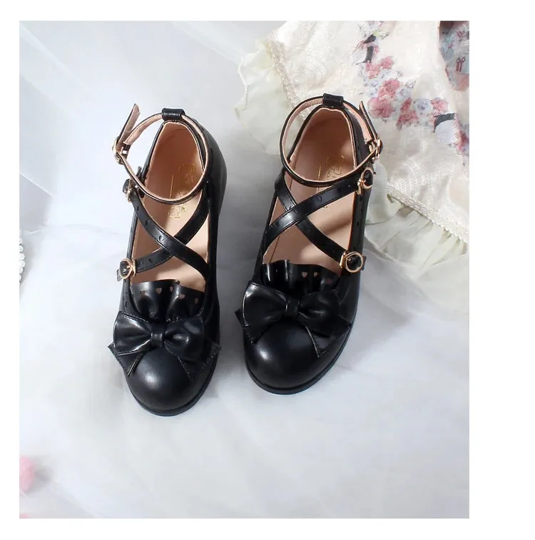 Sohiwoo lolita shoes vintage round head women shoes cute bowknot cross kawaii shoes loli cosplay Japanese jk uniform college style swee