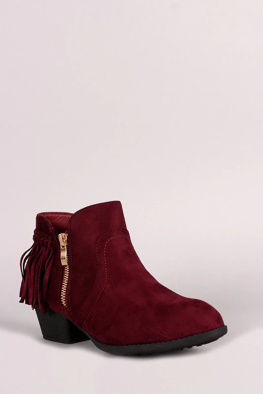 Suede Back Fringe Block Heel Booties