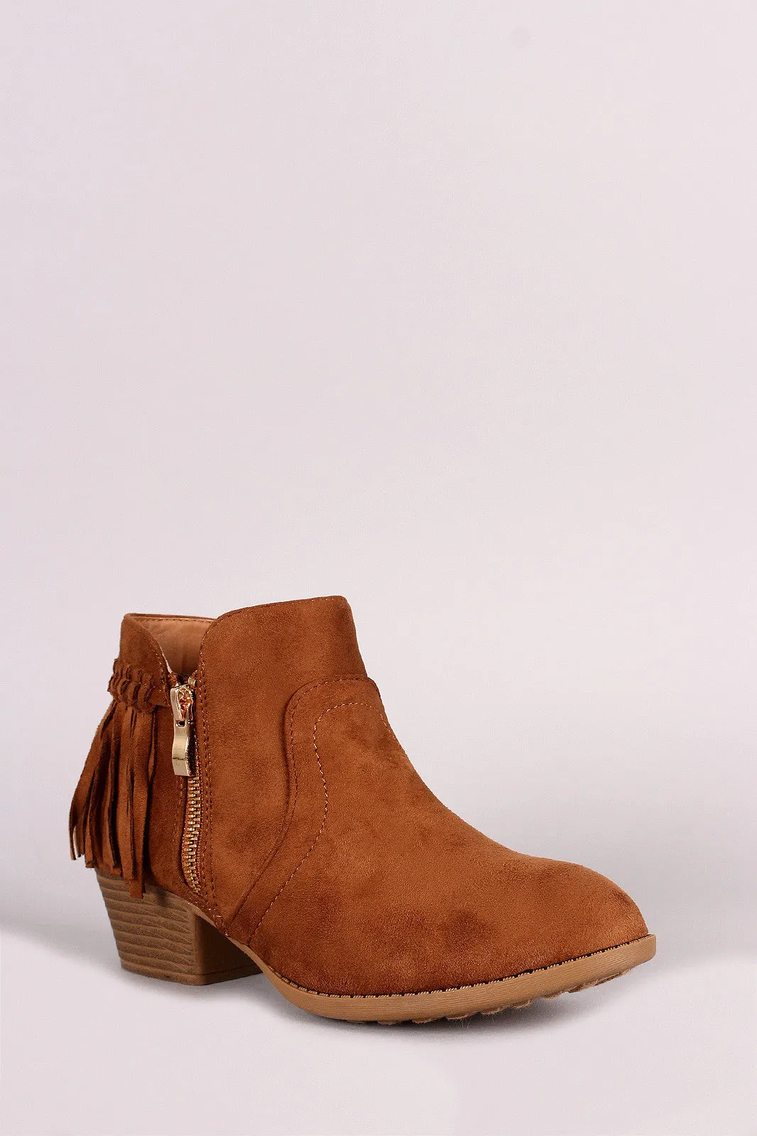 Suede Back Fringe Block Heel Booties