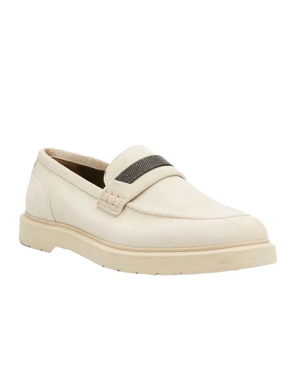 Suede Penny Loafer with Monili in Chalk