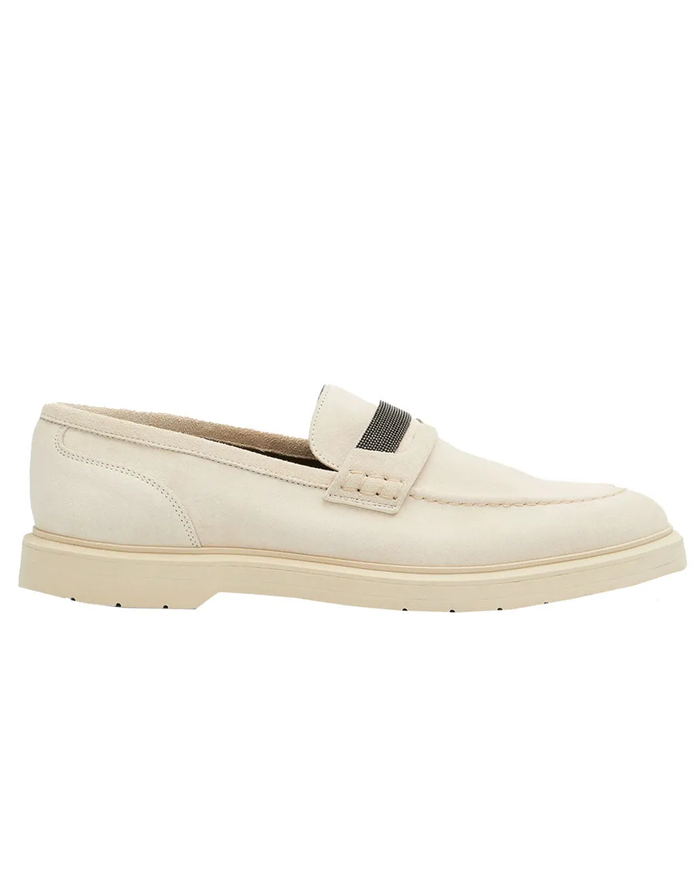 Suede Penny Loafer with Monili in Chalk