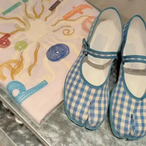 TAVIMART  -  Shoes Split-toe Sky Blue Gingham Cotton Ballet Flat Summer Loafers Mary Jane Shoes Women Trend Sale Free Delivery