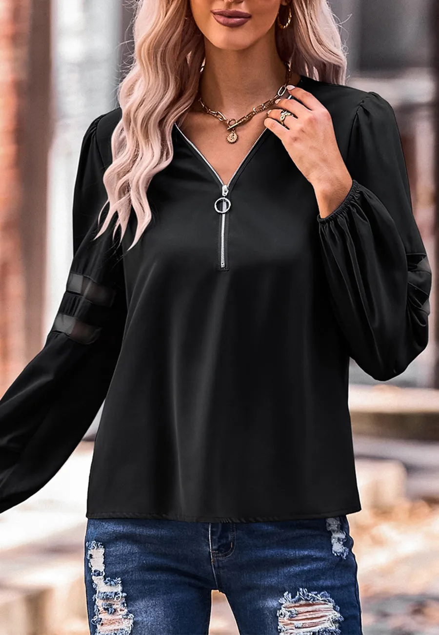 V Neck Mesh Sleeve Detail Blouse