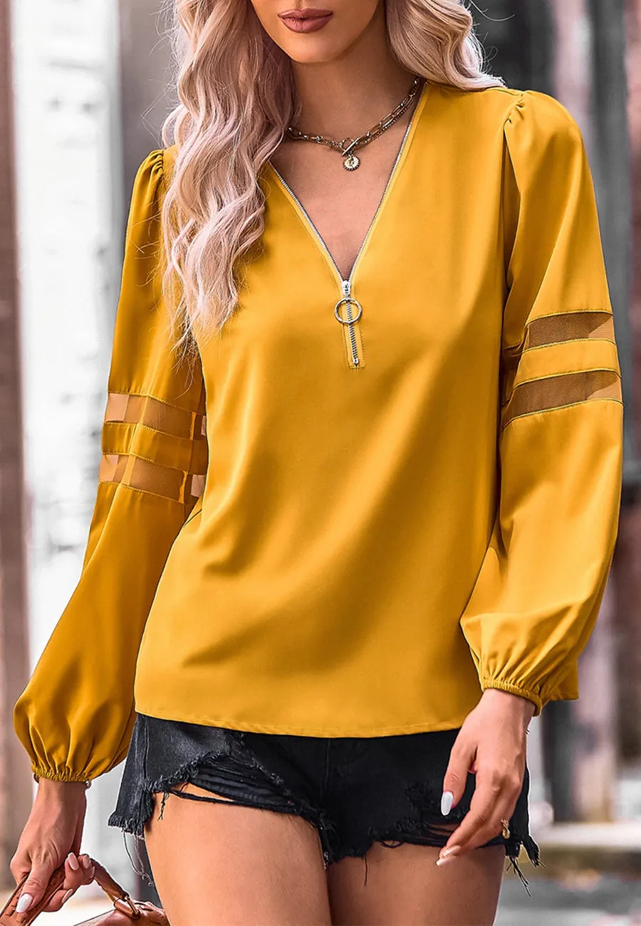 V Neck Mesh Sleeve Detail Blouse