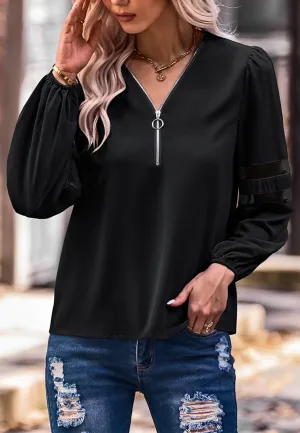 V Neck Mesh Sleeve Detail Blouse