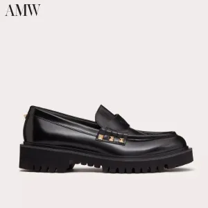 VALENTINO Leather Rockstud Loafers with Logo Detail