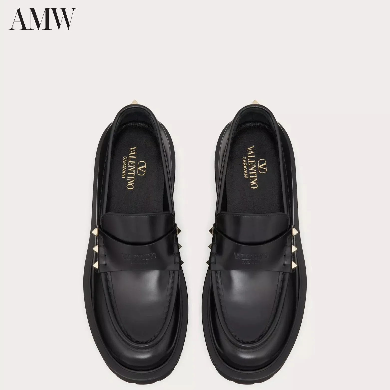 VALENTINO Leather Rockstud Loafers with Logo Detail