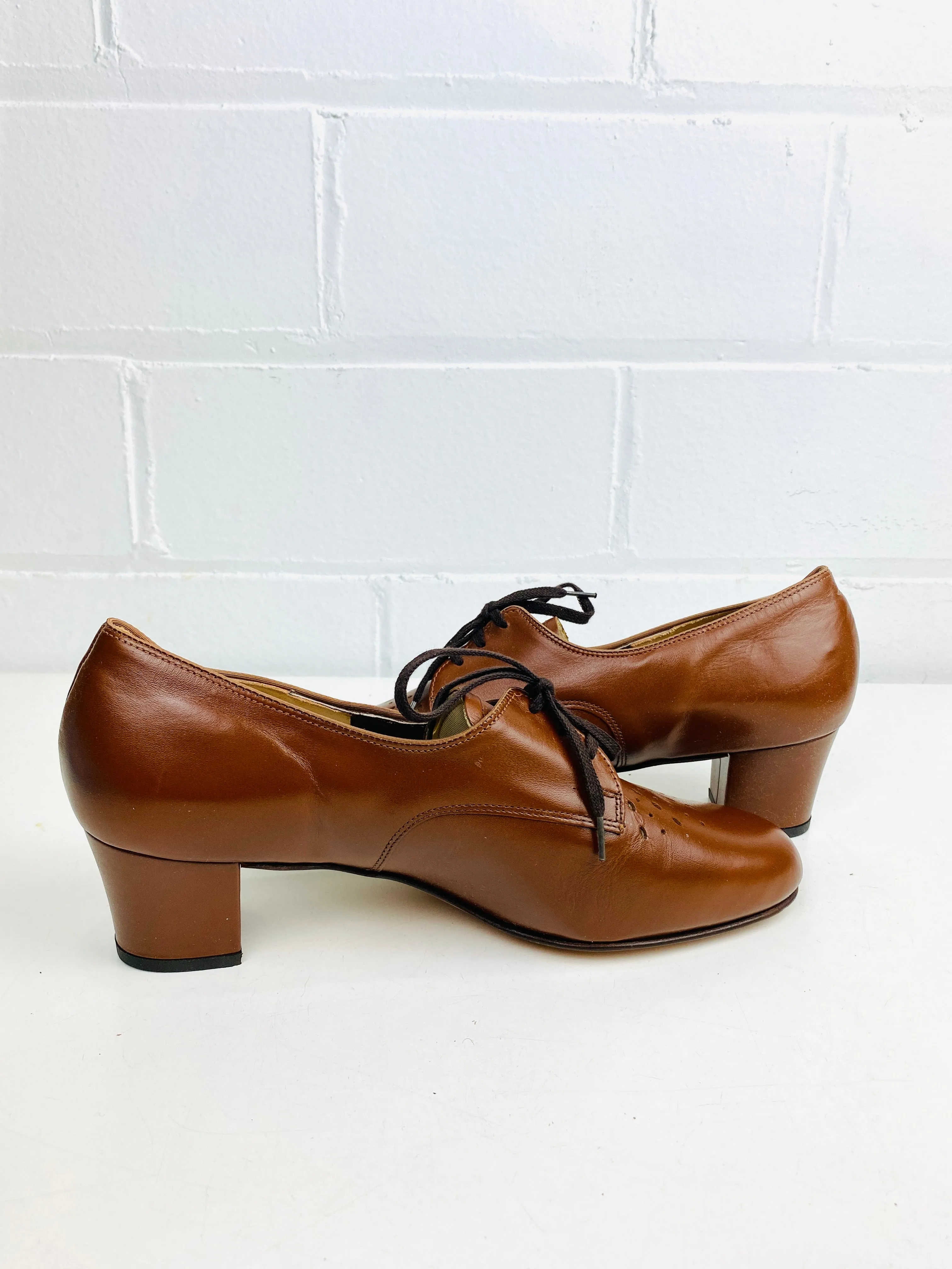 Vintage Deadstock Shoes, Women's 1980s Brown Leather Cuban Heel Oxfords, NOS, 7995