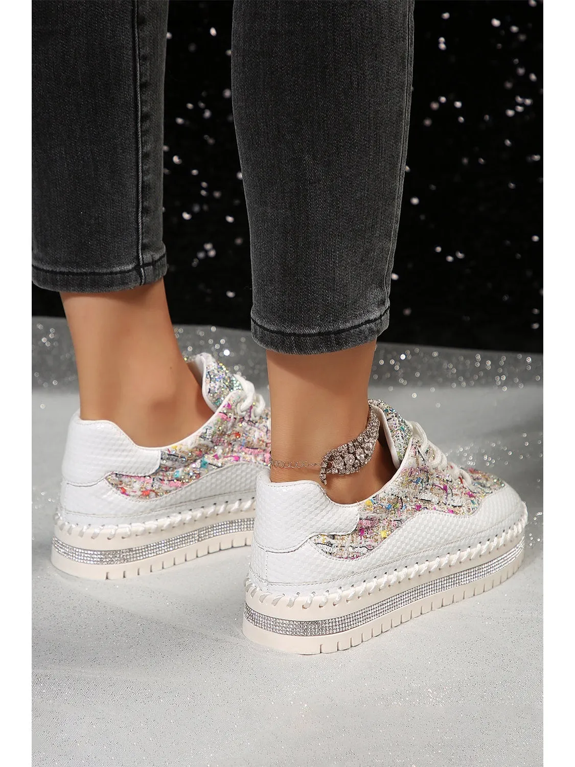 White Shiny Sequin Slip On Thick Sole Flat Shoes