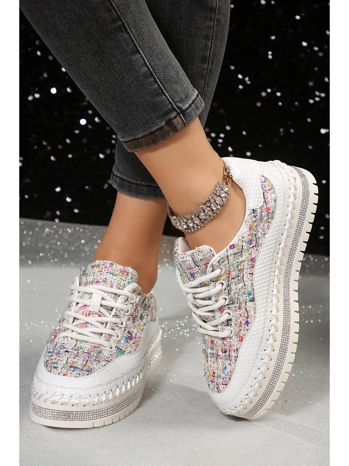 White Shiny Sequin Slip On Thick Sole Flat Shoes