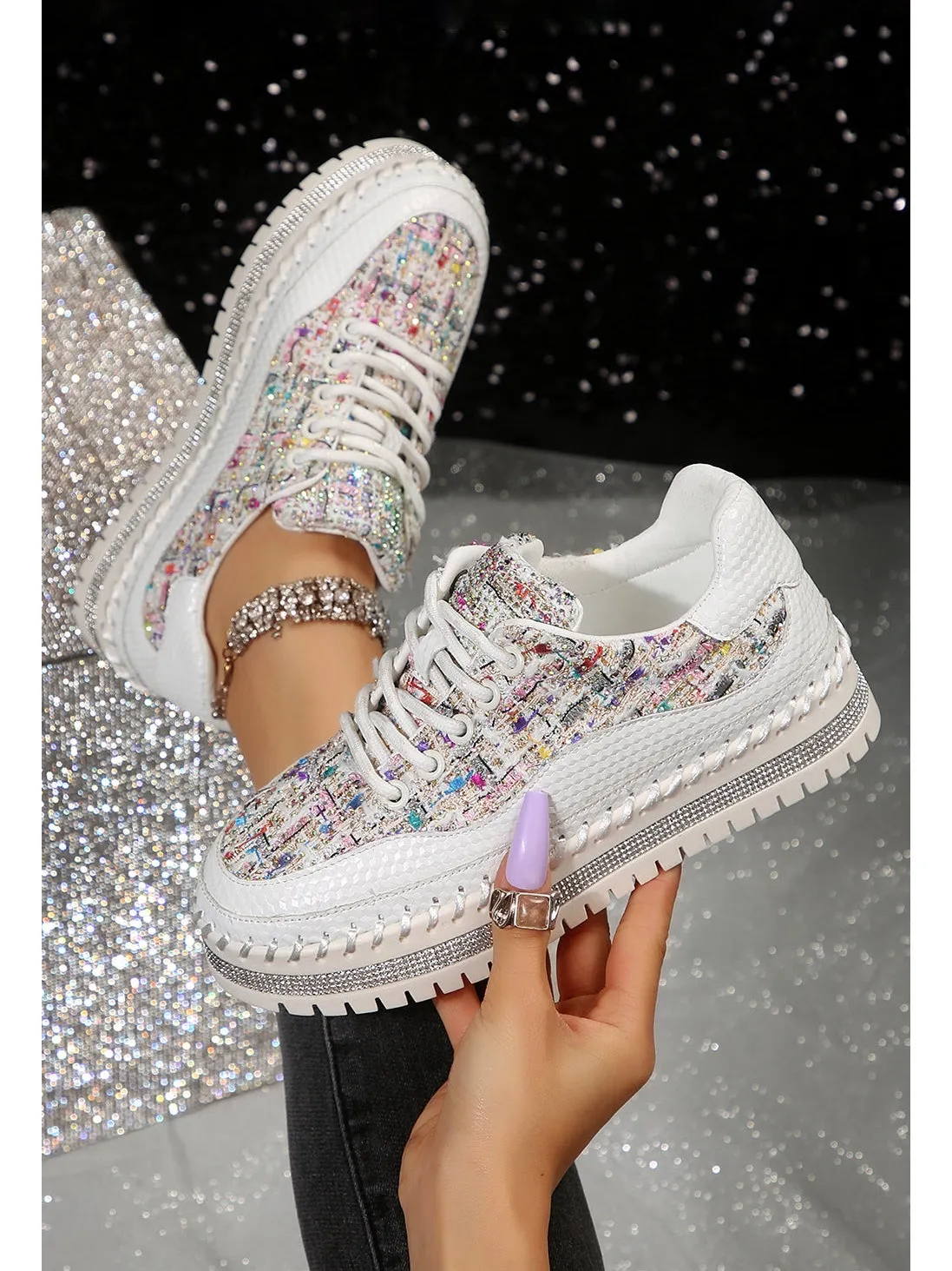 White Shiny Sequin Slip On Thick Sole Flat Shoes