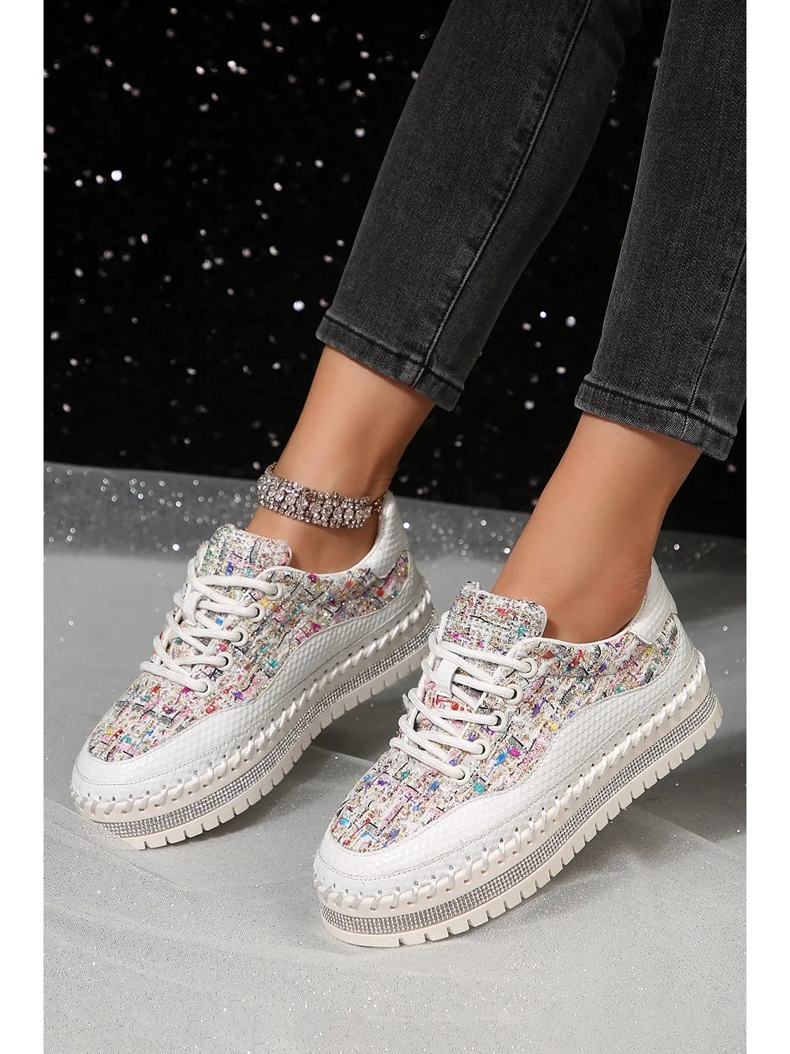 White Shiny Sequin Slip On Thick Sole Flat Shoes