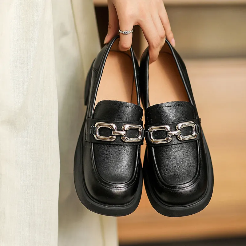 Women Retro Chain Leather Chunky Heel JK Loafers