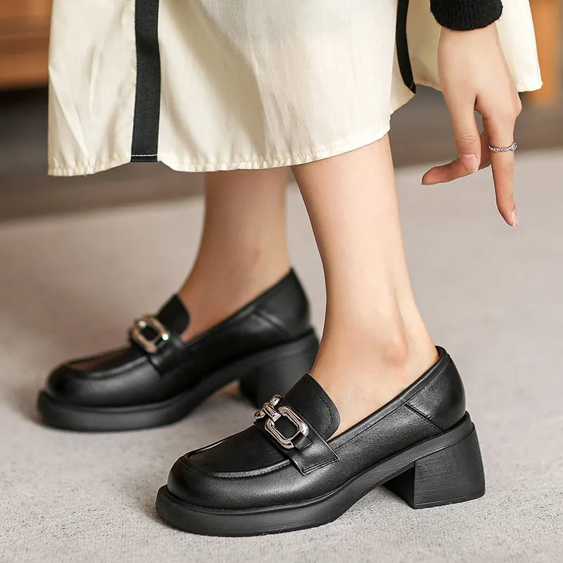 Women Retro Chain Leather Chunky Heel JK Loafers