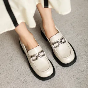 Women Retro Chain Leather Chunky Heel JK Loafers