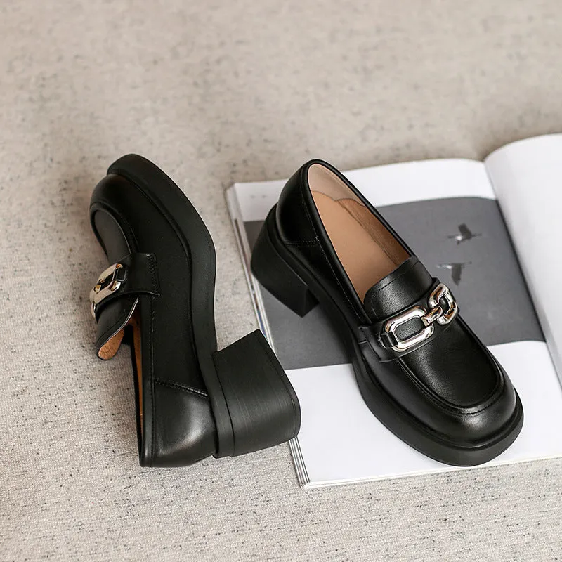 Women Retro Chain Leather Chunky Heel JK Loafers