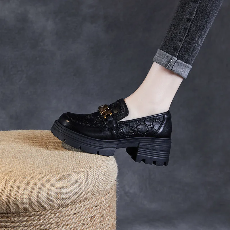 Women Retro Embossed Leather Thick Soled Loafers