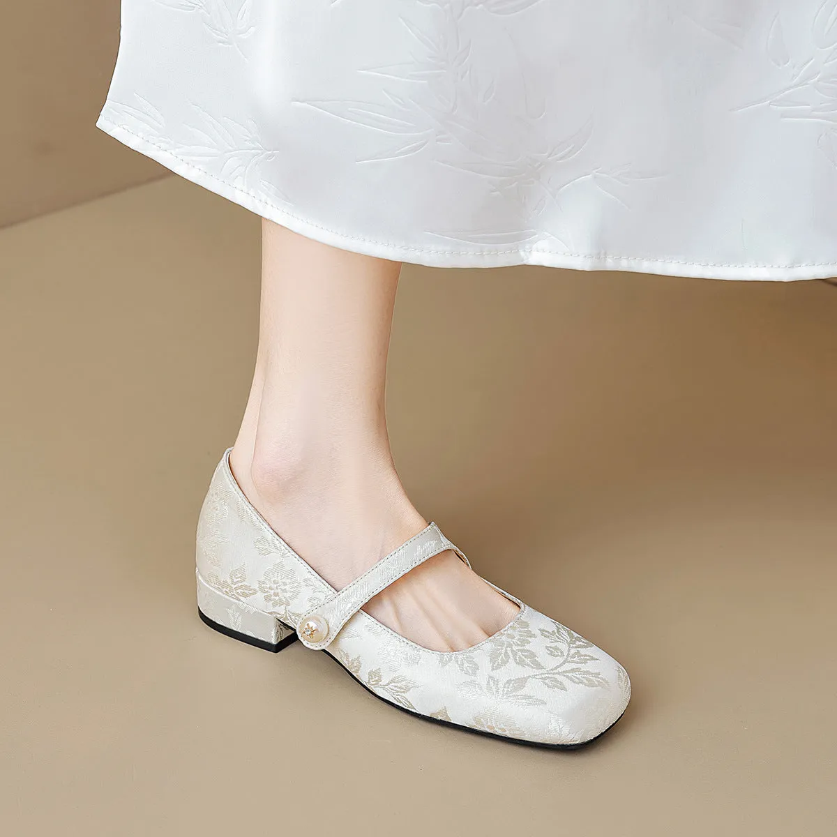 Women Retro Jacquard Low Block Mary Jane Shoes