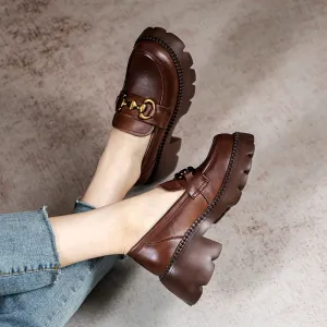 Women Retro Leather Thick Wedge Loafers