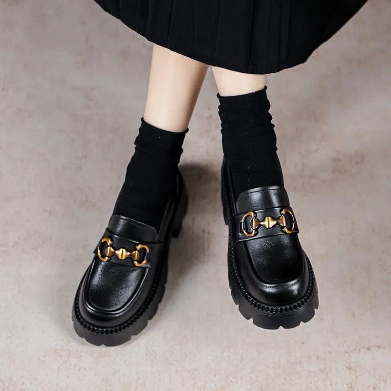 Women Retro Leather Thick Wedge Loafers