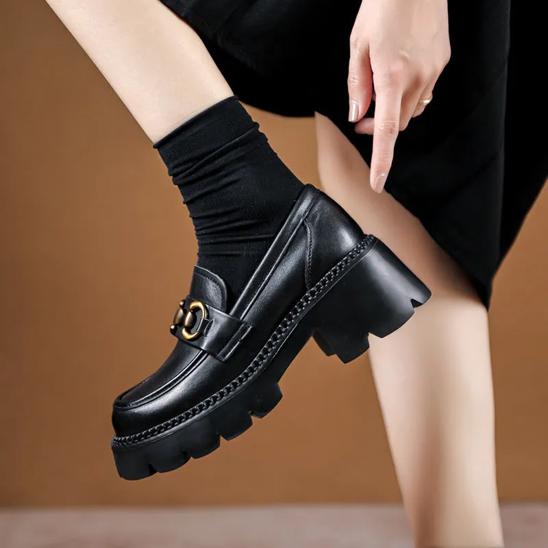 Women Retro Leather Thick Wedge Loafers